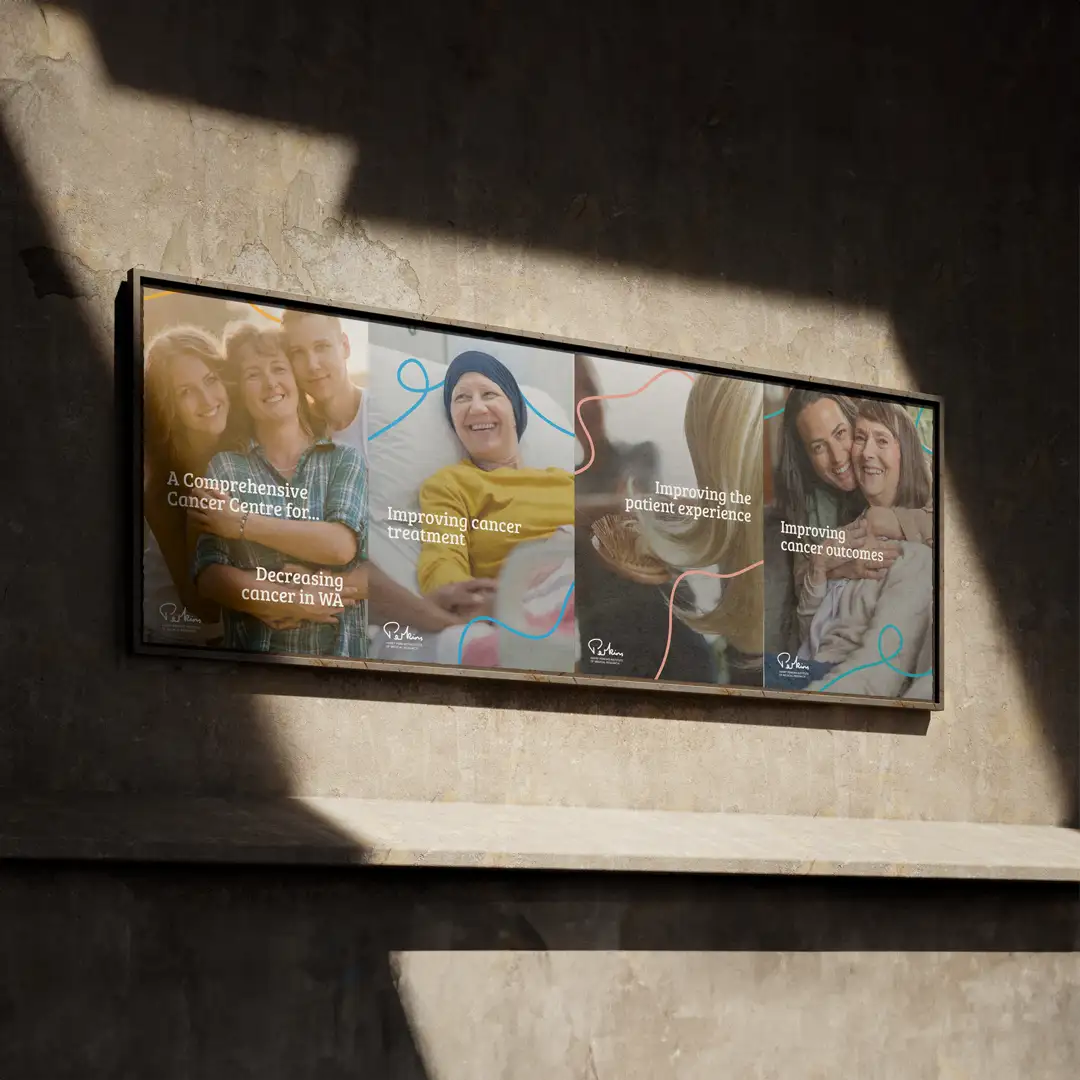 Out door advertisement featuring ads promoting the Perkins Comprehensive Cancer Centre