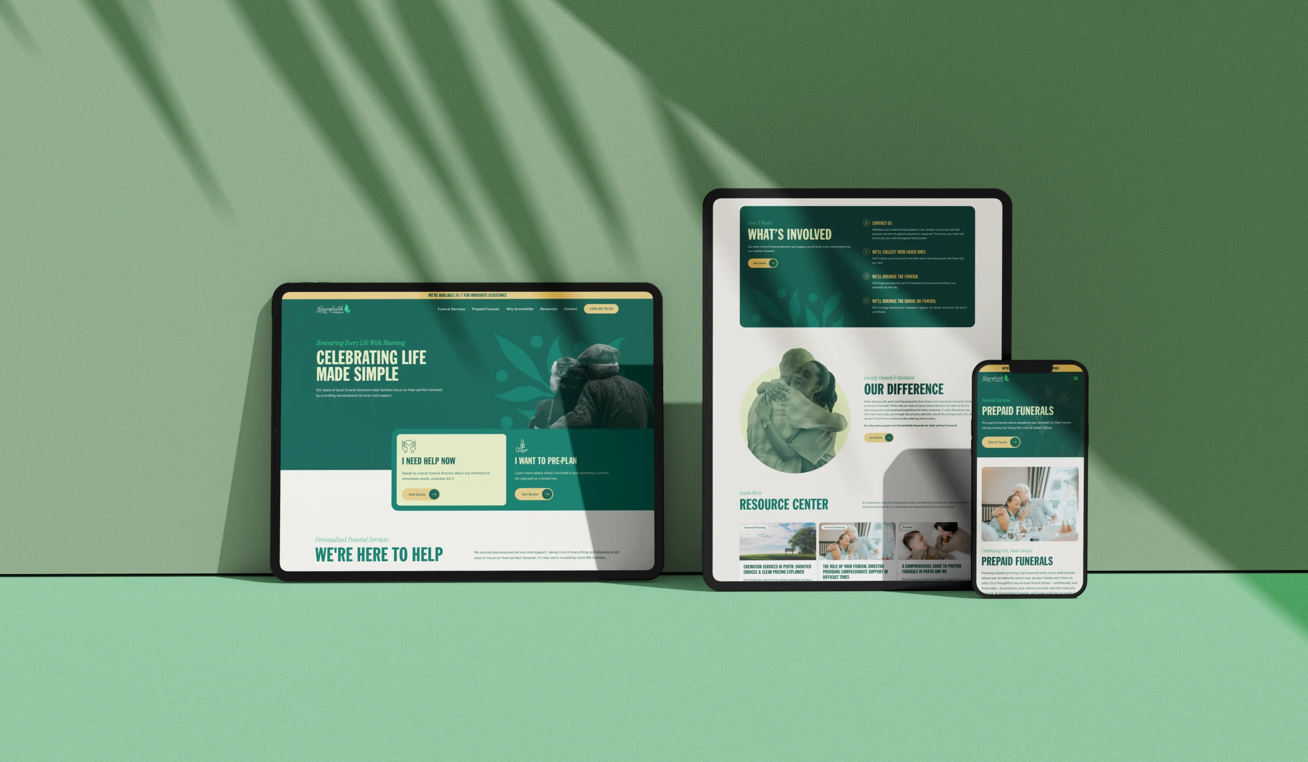 A green background with two ipads and an iphone showing different website screens