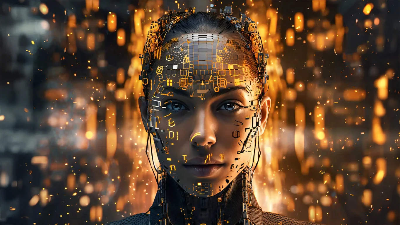 Cyborg looking directly to camera with yellow digital glyphs in the background