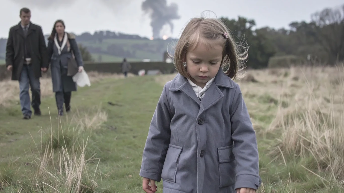 A young girl in a grey parker walks through a field, her parents a short distance behind her